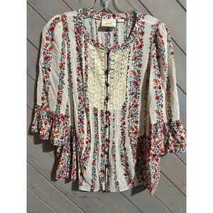 Maeve Anthropologie Floral Print Button Up Top Blouse Crochet Trim Bohemian US 2